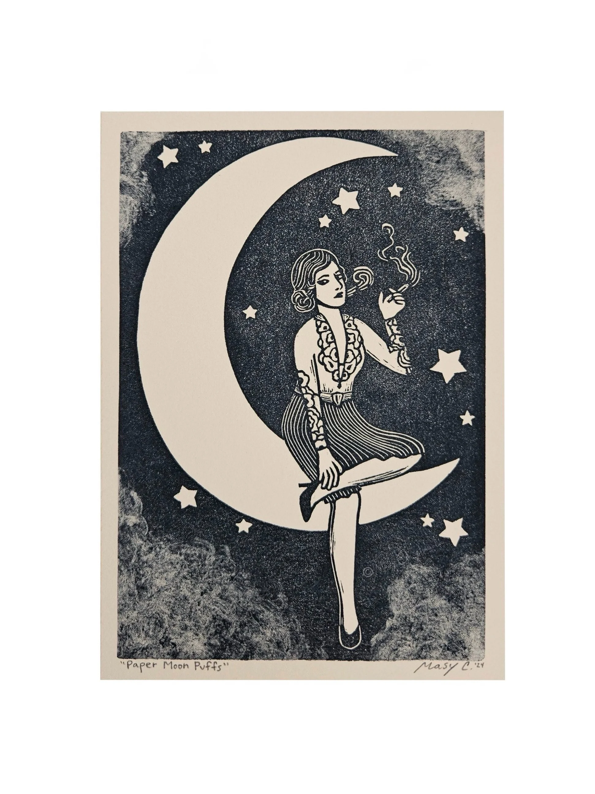 Paper Moon Puffs original block print - vintage paper moon and